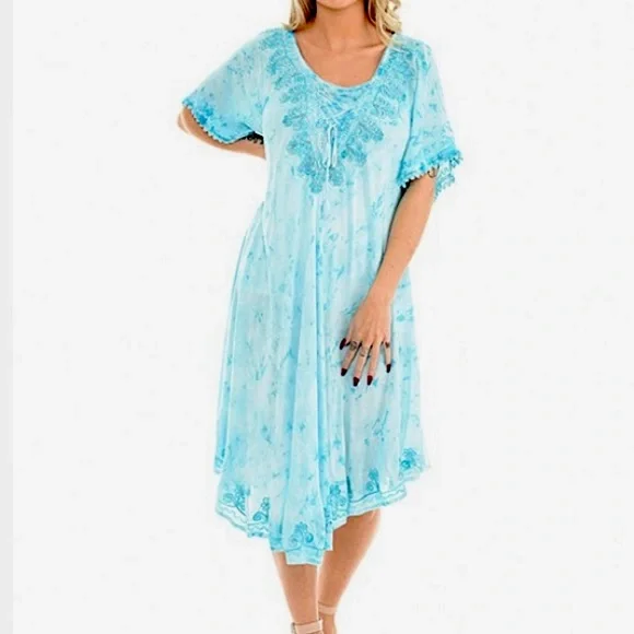 SHORELINE Summer Shift Dress
Women Size 2X Turquoise Short-Sleeve Embroidered - Picture 6 of 8